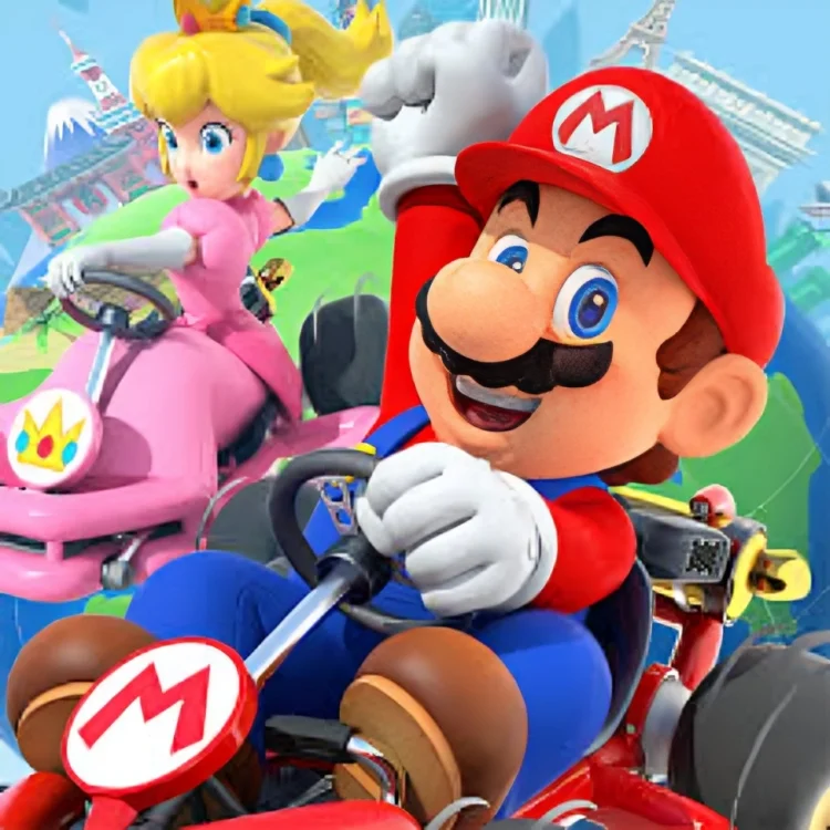 Mario Kart Tour gameplay on Android showing colorful racing tracks, characters, and Apk Ninja branding.