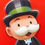 Monopoly GO app interface on an Android phone showing a game board with players, properties, and Apk Ninja branding.